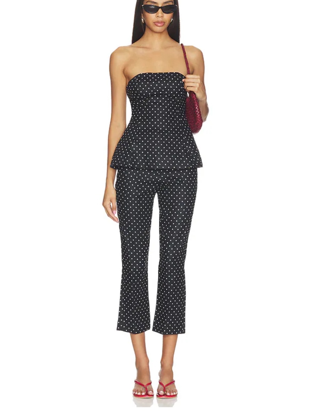 Faithfull the Brand Black & White Polka Dot Strapless Peplum Jumpsuit